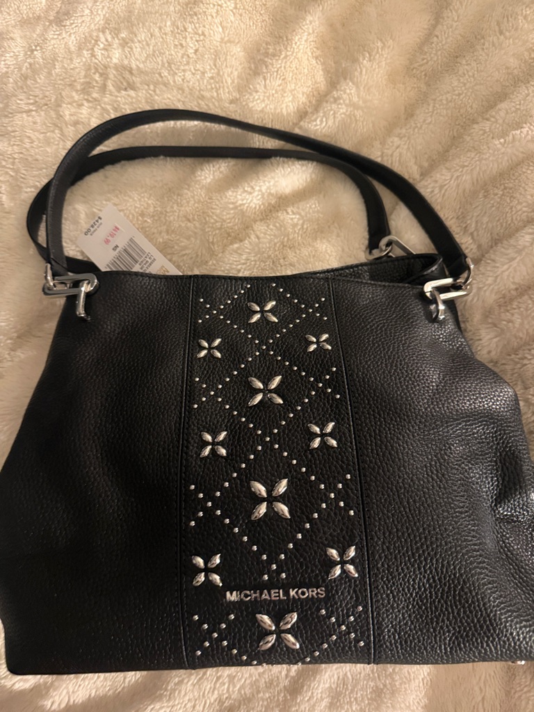 Michael Kors Black Leather Shoulder Bag With Silver Floral Studs